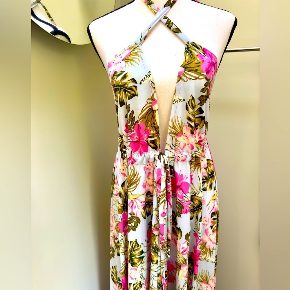 Floral Halter Maxi Dress in Light Blue and Pink